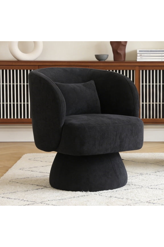 ClinQ 360° Swivel Accent Chair with Armrest Set of 1, Modern Velvet Barrel Chair with Pillow, Cloud Velvet and Curve Back, Black