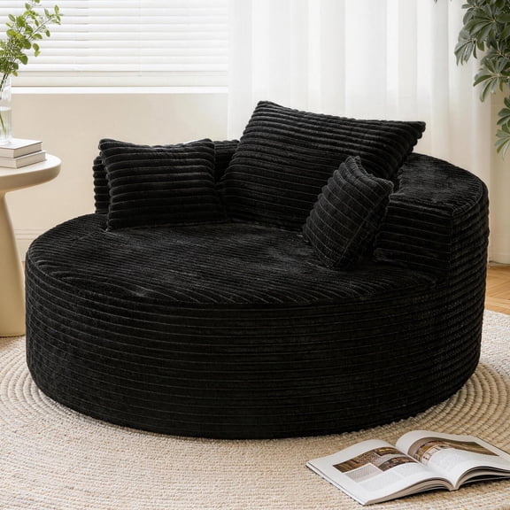 ClinQ 55 inch Oversized Round Chaise Lounge, Corduroy Upholstered Boneless Sofa with Side Pockets, 3 Pillows Include, No Assembly Required, Black