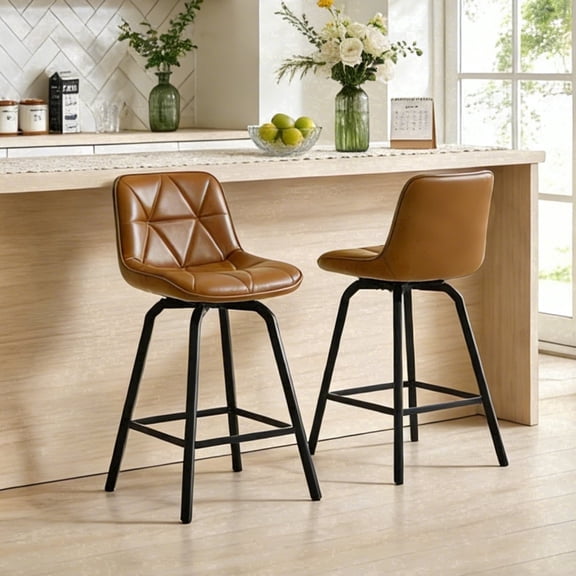 ClinQ 26 inch Swivel Counter Height Bar Stool Set of 2, Faux Leather Seat with Metal Legs and Back, Brown