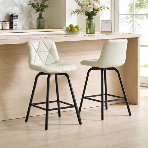 ClinQ 26 inch Swivel Counter Height Bar Stool Set of 2, Faux Leather Seat with Metal Legs and Back, White