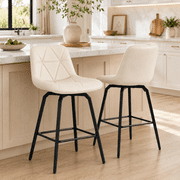 ClinQ 26 inch Swivel Counter Height Bar Stool Set of 2, Faux Leather Seat with Metal Legs and Back, White