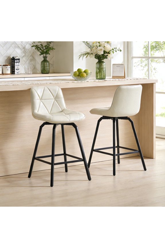ClinQ Counter Height Bar Stools Set of 2, 26 Inch Modern Kitchen Island Chairs with Backs, Diamond Quilted Stationary Faux Leather Industrial Barstools with Metal Legs, White