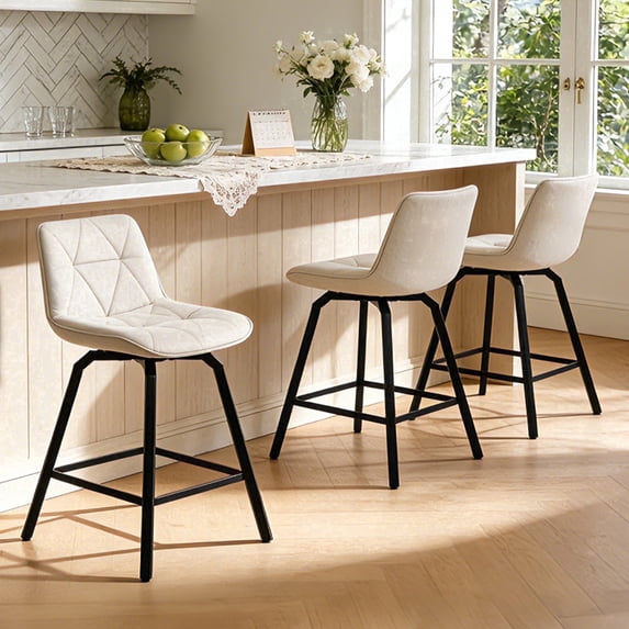 ClinQ 26 inch Swivel Counter Height Bar Stool Set of 3, Linen Upholstered Seat with Metal Legs and Back, Linen-Fabric