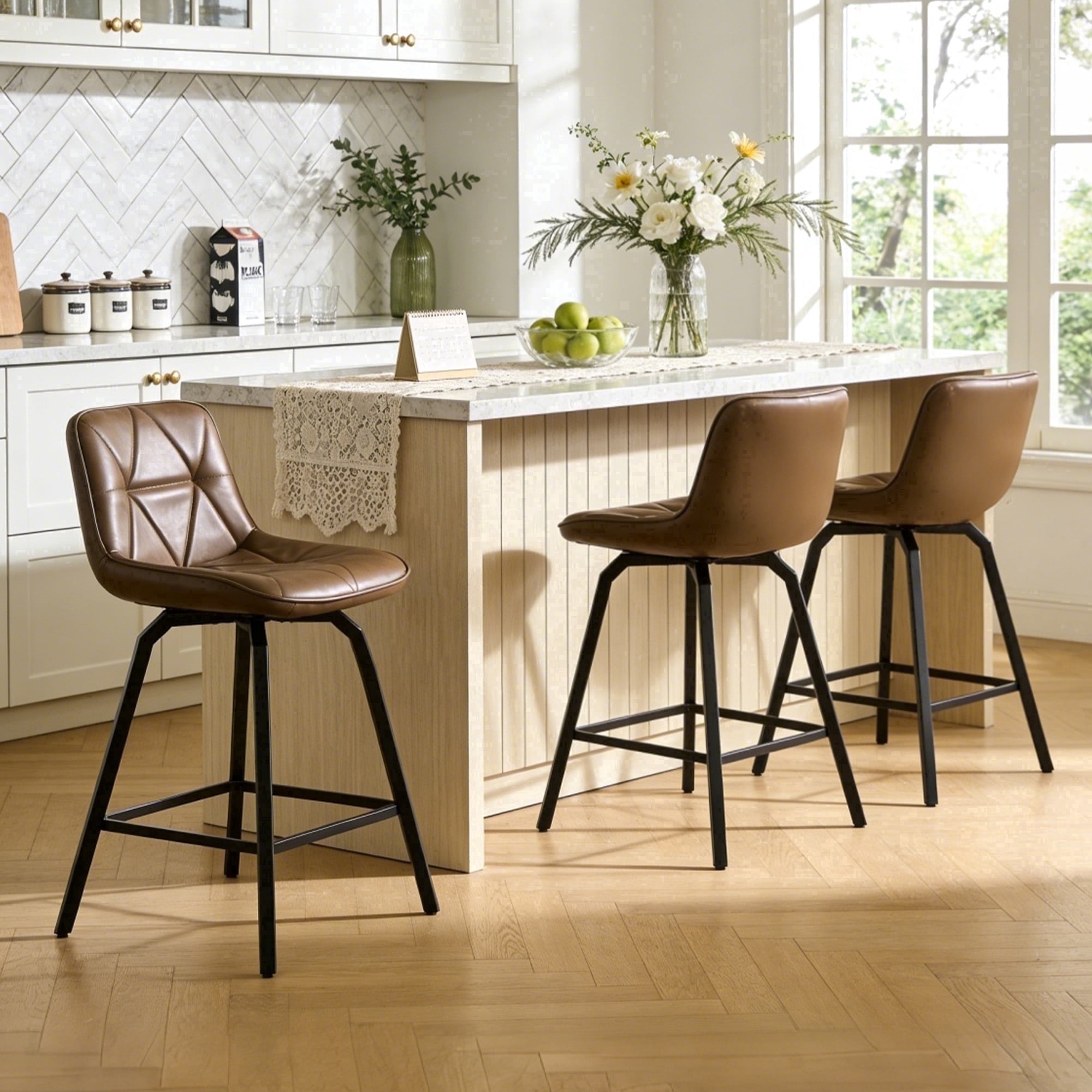 ClinQ 26 inch Swivel Counter Height Bar Stool Set of 3, Faux Leather Seat with Metal Legs and Back, Darkbrown