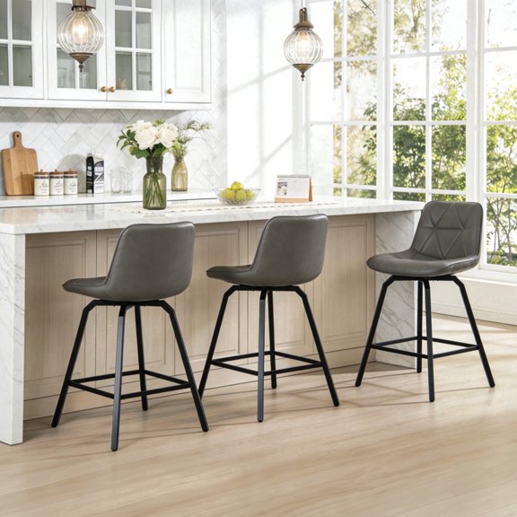 ClinQ Counter Height Bar Stools Set of 3, 26 Inch Modern Kitchen Island Chairs with Backs, Diamond Quilted Stationary Faux Leather Industrial Barstools with Metal Legs, Grey