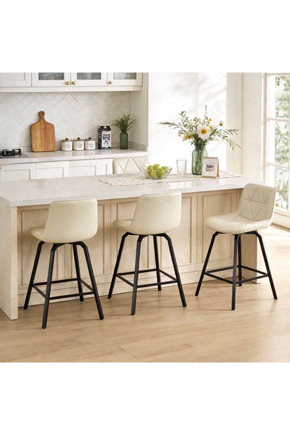 ClinQ Counter Height Bar Stools Set of 3, 26 Inch Modern Kitchen Island Chairs with Backs, Diamond Quilted Stationary Faux Leather Industrial Barstools with Metal Legs, White