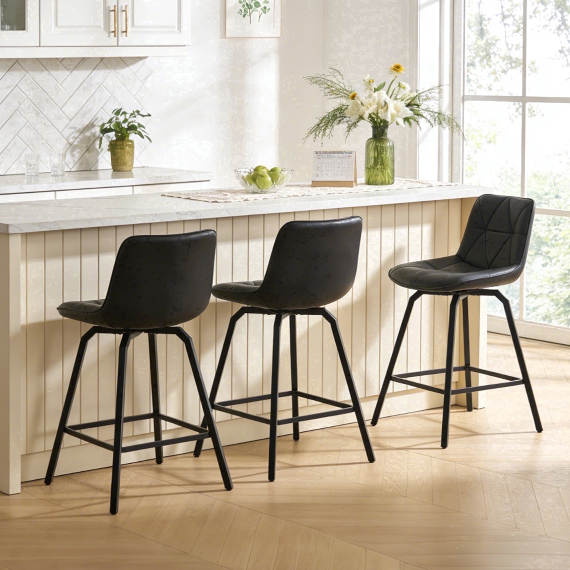 ClinQ 26 inch Swivel Counter Height Bar Stool Set of 3, Faux Leather Seat with Metal Legs and Back, Black