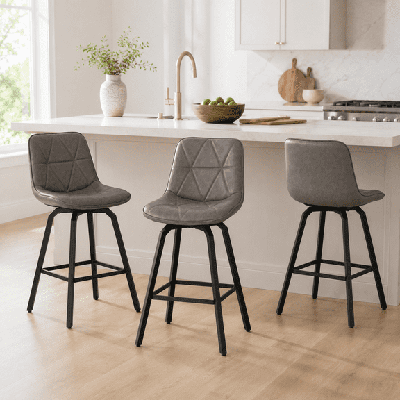 ClinQ 26 inch Swivel Counter Height Bar Stool Set of 3, Faux Leather Seat with Metal Legs and Back, Grey
