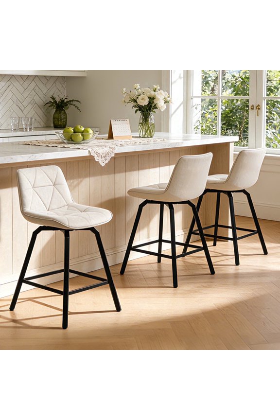 ClinQ Counter Height Bar Stools Set of 3, 26 Inch Modern Kitchen Island Chairs with Backs, Diamond Quilted Stationary Faux Leather Industrial Barstools with Metal Legs,Linen-Fabric