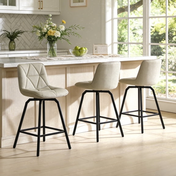 ClinQ 26 inch Swivel Counter Height Bar Stool Set of 3, Linen Upholstered Seat with Metal Legs and Back, Camel-Linen