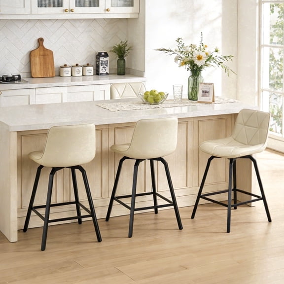ClinQ 26 inch Swivel Counter Height Bar Stool Set of 3, Faux Leather Seat with Metal Legs and Back, White