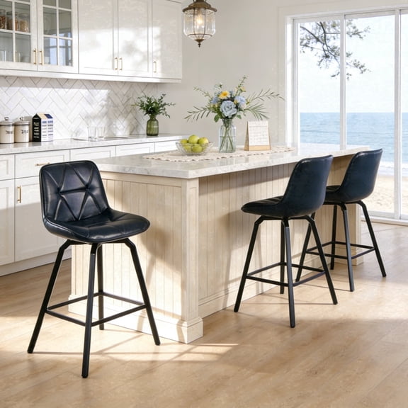 ClinQ 26 inch Swivel Counter Height Bar Stool Set of 3, Faux Leather Seat with Metal Legs and Back, Navy