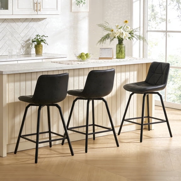 ClinQ 26 inch Swivel Counter Height Bar Stool Set of 3, Faux Leather Seat with Metal Legs and Back, Black