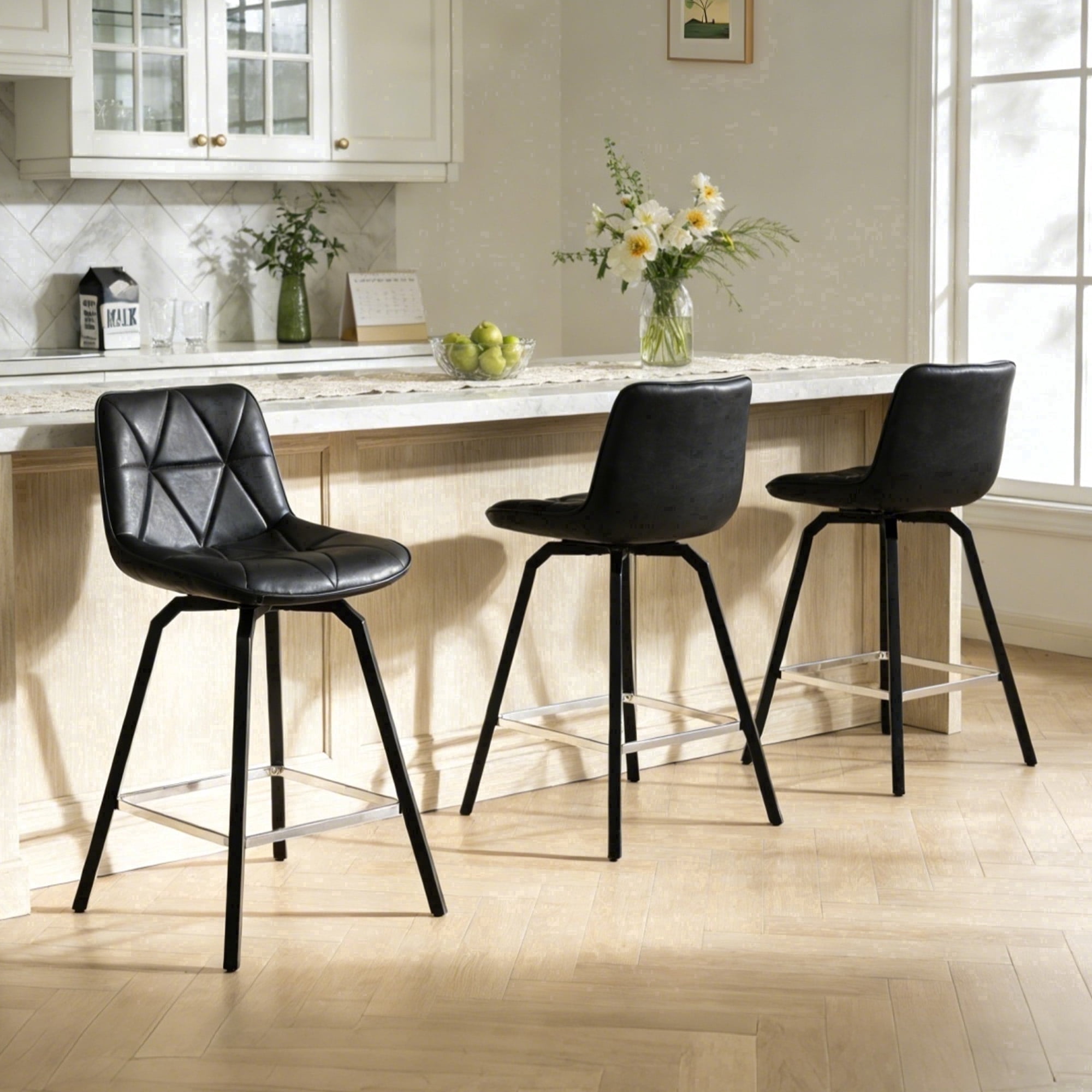ClinQ 26 inch Swivel Counter Height Bar Stool Set of 3, Faux Leather Seat with Metal Legs and Back, Black-Silver Footrest