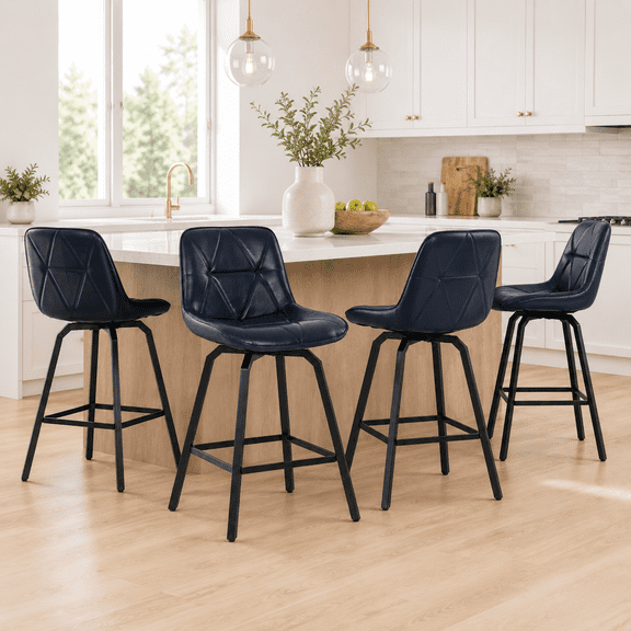 ClinQ 26 inch Swivel Counter Height Bar Stool Set of 4, Faux Leather Seat with Metal Legs and Back, Navy