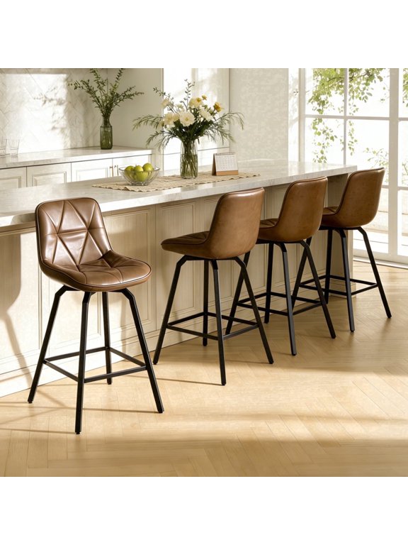 ClinQ 26 inch Swivel Counter Height Bar Stool Set of 4, Faux Leather Seat with Metal Legs and Back, Darkbrown