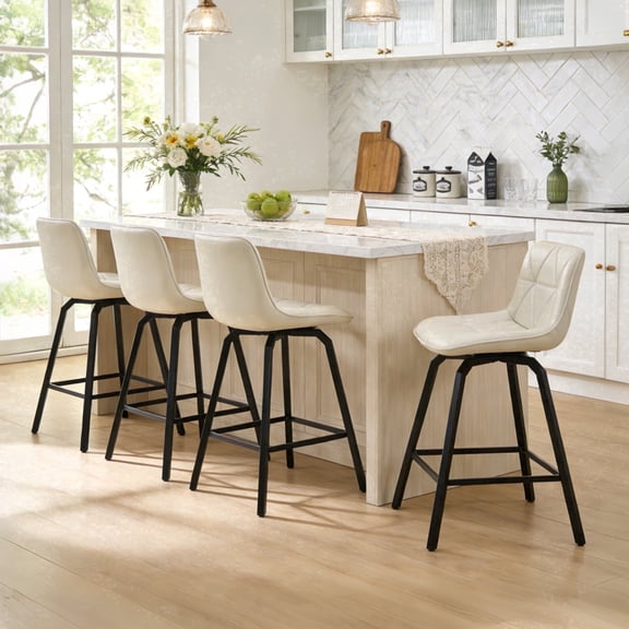 ClinQ 26 inch Swivel Counter Height Bar Stool Set of 4, Faux Leather Seat with Metal Legs and Back, White