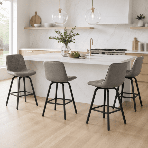 ClinQ 26 inch Swivel Counter Height Bar Stool Set of 4, Faux Leather Seat with Metal Legs and Back, Grey