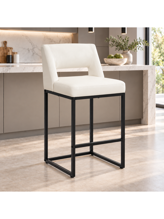ClinQ Counter Height Bar Stools Set of 1, Hollow Back Kitchen Island Barstools, Upholstered Faux Leather Counter Stools with Metal Frame, Beige