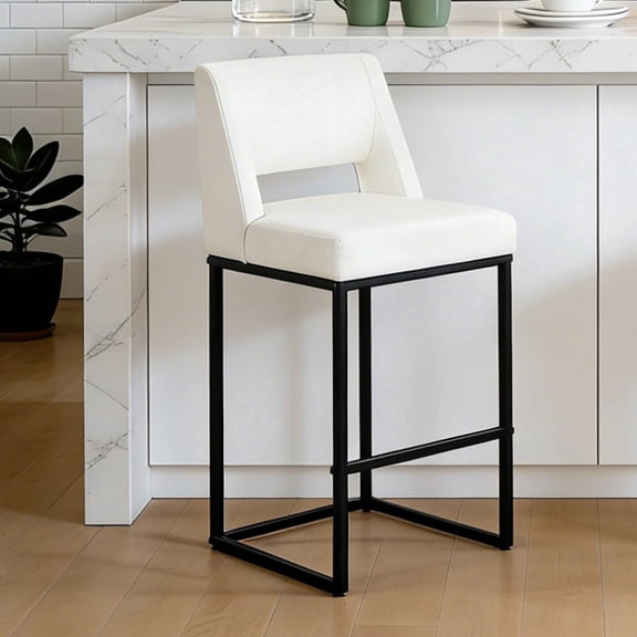 ClinQ Counter Height Bar Stools Set of 1, Hollow Back Kitchen Island Barstools, Upholstered Faux Leather Counter Stools with Metal Frame, Beige