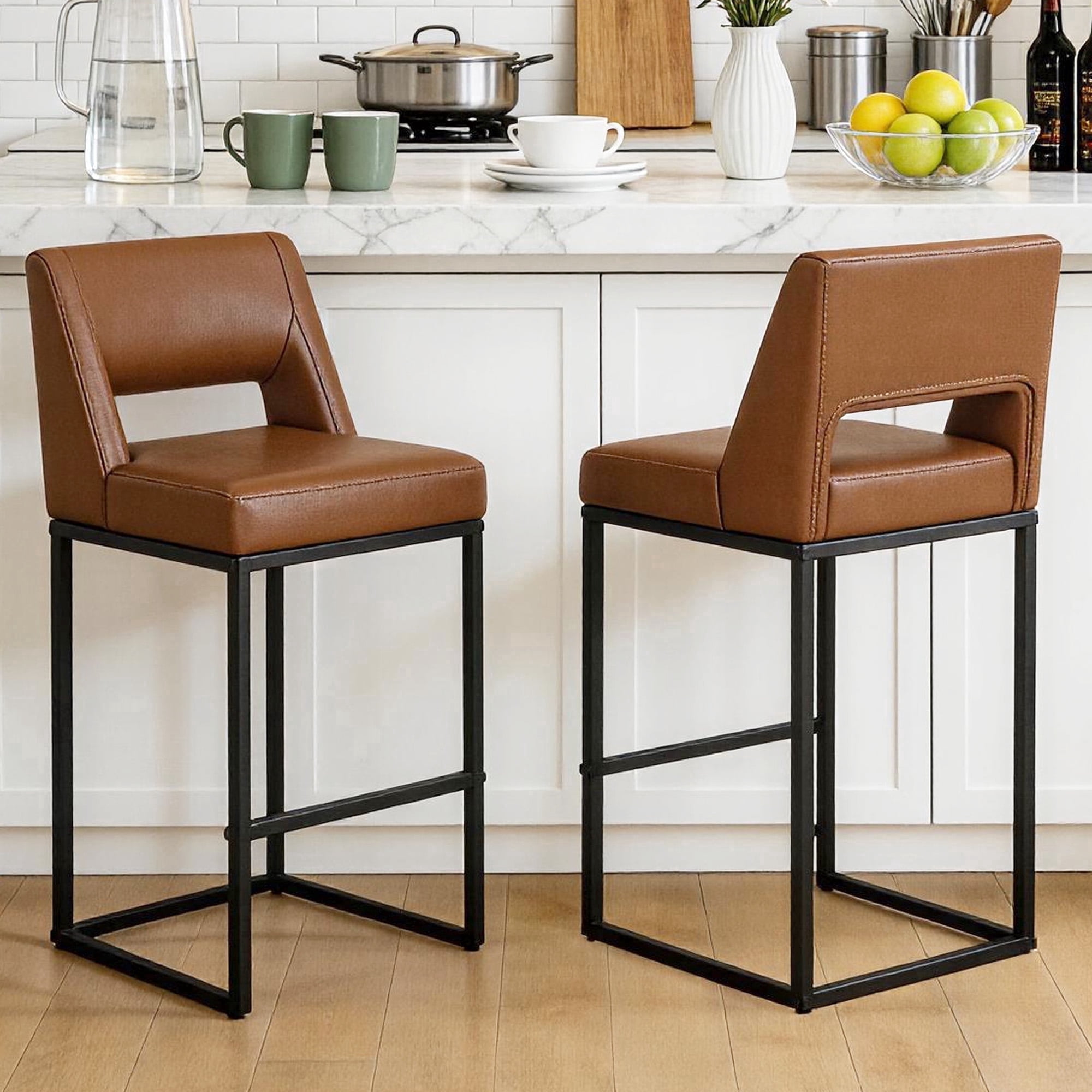 ClinQ Counter Height Bar Stools Set of 2, Hollow Back Kitchen Island Barstools, Upholstered Faux Leather Counter Stools with Metal Frame, Brown