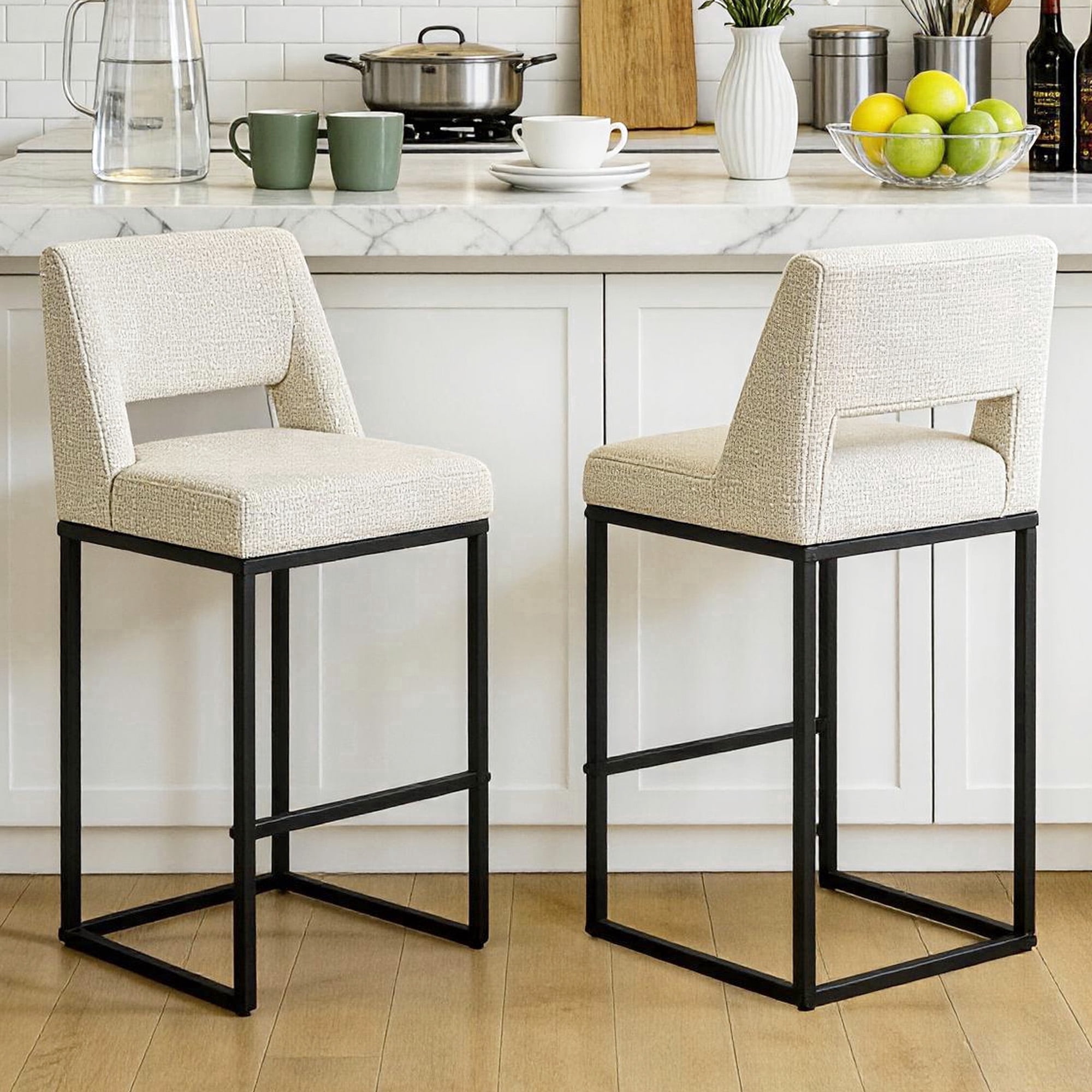 ClinQ Counter Height Bar Stools Set of 2, Hollow Back Kitchen Island Barstools, Upholstered Linen Fabric Counter Stools with Metal Frame, Beige