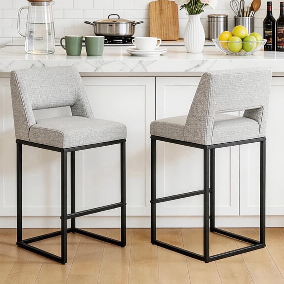 ClinQ Counter Height Bar Stools Set of 2, Hollow Back Kitchen Island Barstools, Upholstered Linen Fabric Counter Stools with Metal Frame, Gray