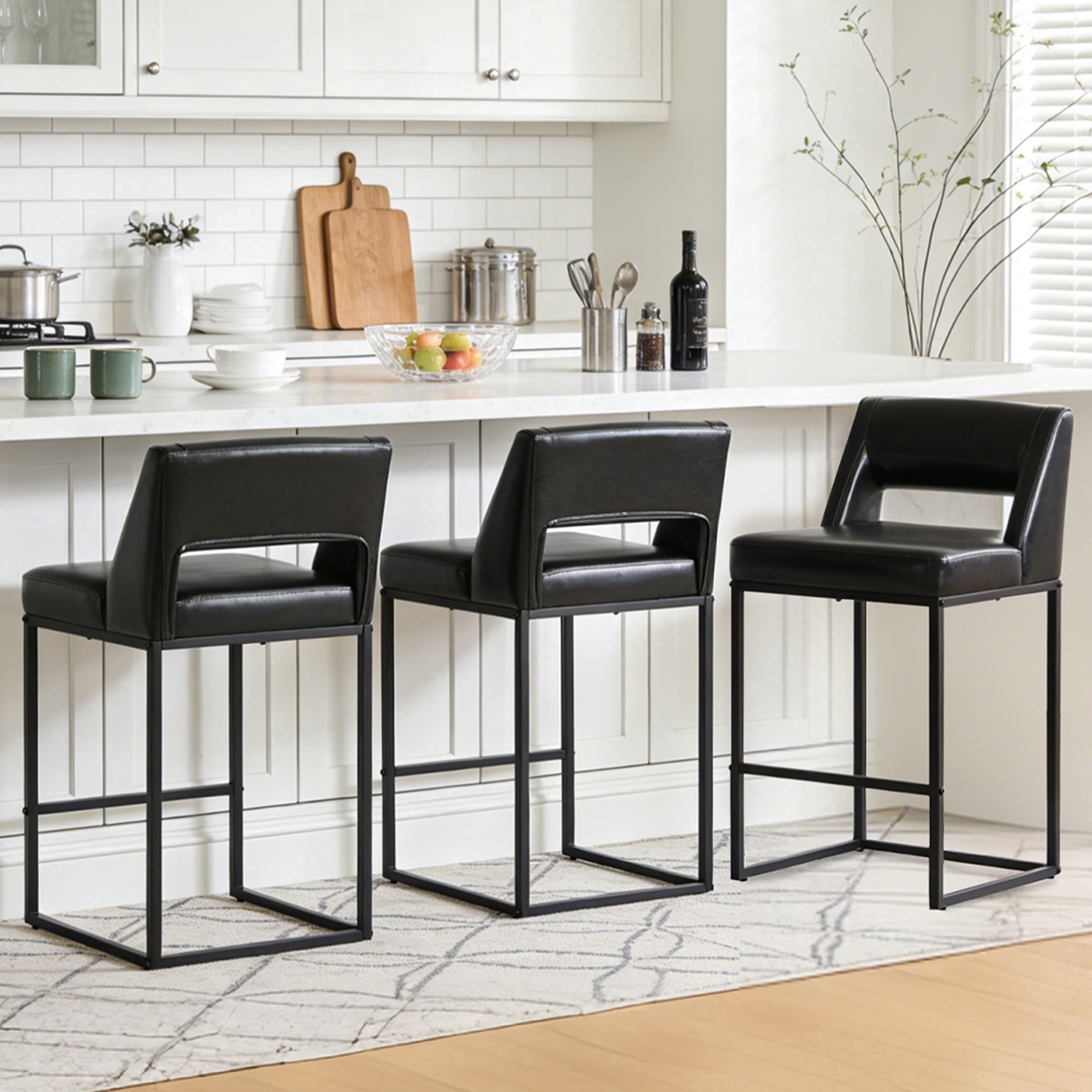 ClinQ Counter Height Bar Stools Set of 3, Hollow Back Kitchen Island Barstools, Upholstered Faux Leather Counter Stools with Metal Frame, Black
