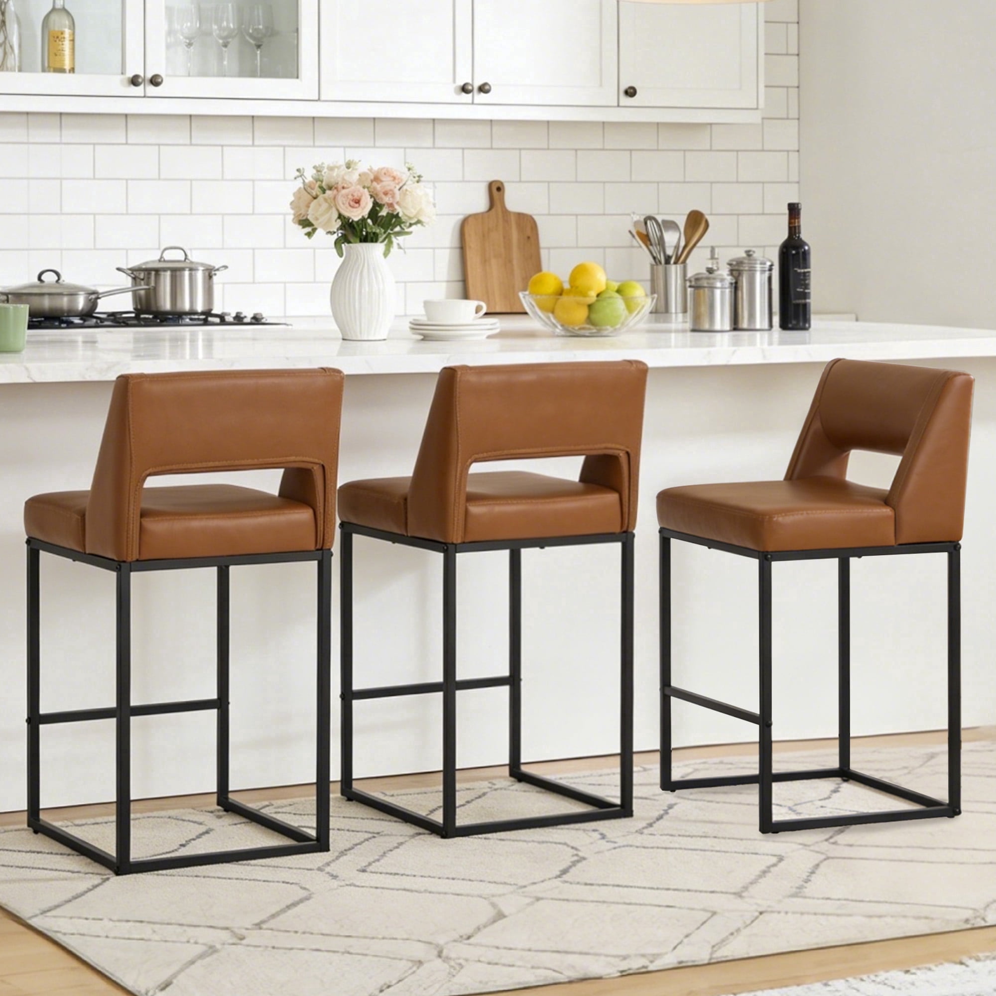 ClinQ Counter Height Bar Stools Set of 3, Hollow Back Kitchen Island Barstools, Upholstered Faux Leather Counter Stools with Metal Frame, Brown