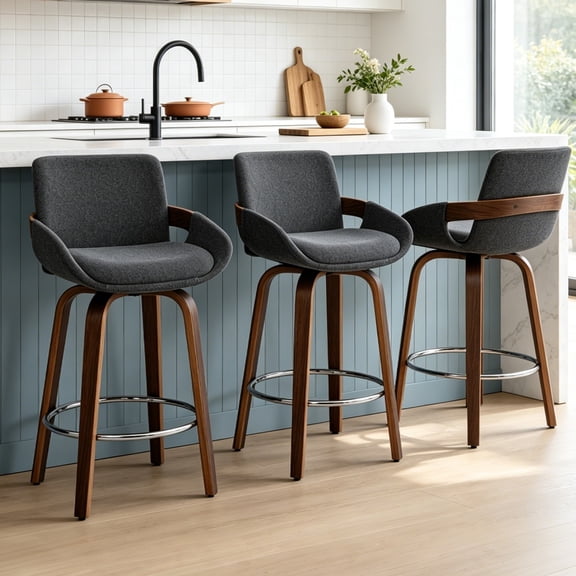 ClinQ Counter Height Swivel Bar Stools Set of 3, Linen Fabric Upholstered 360° Rotating Chairs with Walnut Legs and Metal Footrest, Darkgray