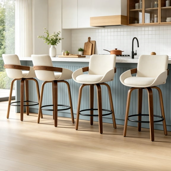 ClinQ Counter Height Swivel Bar Stools Set of 4, Linen Fabric Upholstered 360° Rotating Chairs with Walnut Legs and Metal Footrest, Beige