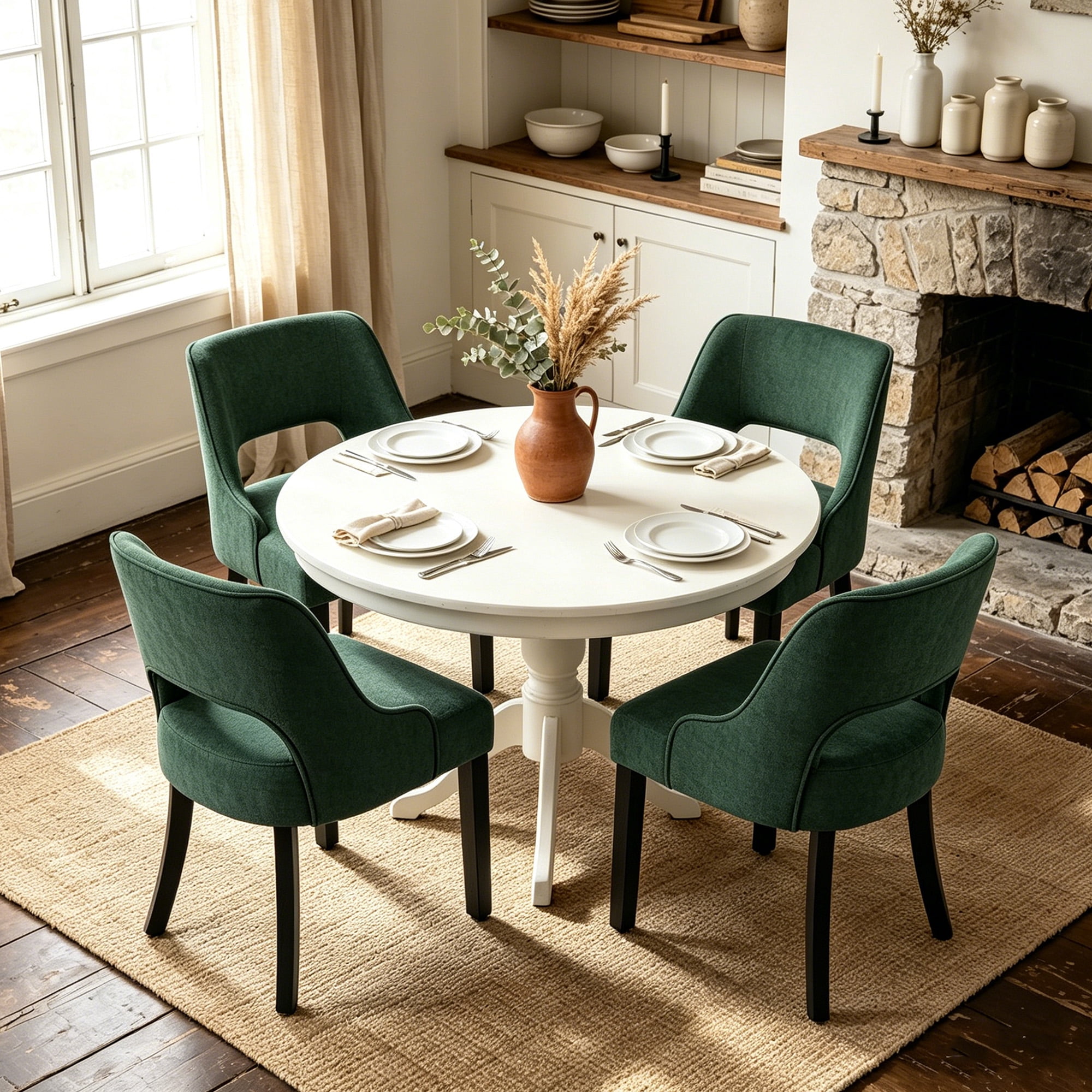 ClinQ Dining Chair,Morden Wood Leg Upholstered Kitchen Chair Set of 4, Darkgreen-Black Leg