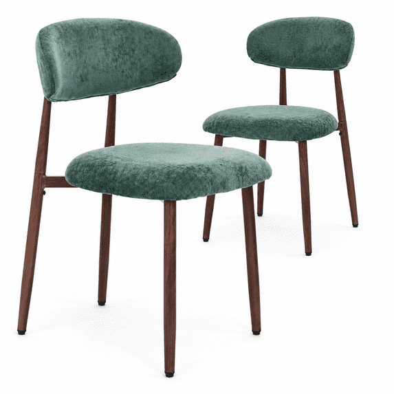 ClinQ Dining Chairs Set of 2, Modern Upholstered Kitchen Chairs with Curved Backrest, Thick Linen Fabric Cushion and Wood Grain Metal Legs, Green
