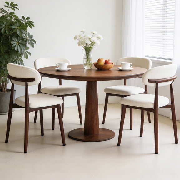 ClinQ Dining Chairs Set of 4, Modern Upholstered Kitchen Chairs with Curved Backrest, Thick Linen Fabric Cushion and Wood Grain Metal Legs, Beige