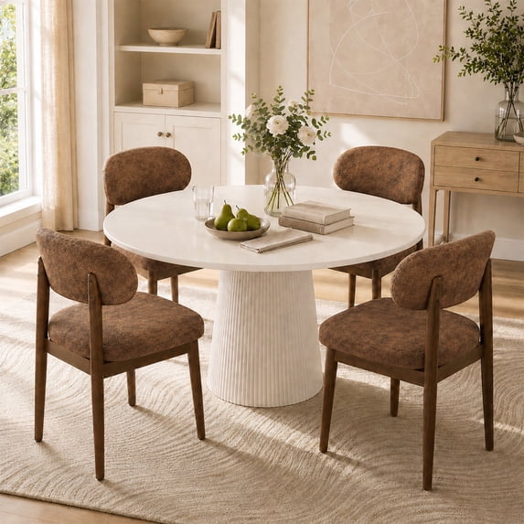 ClinQ Embossed Fabric Dining Chairs Set of 4, Modern Upholstered Kitchen Side Chair with Curved Back, Wood Legs for Dining Room, Brown