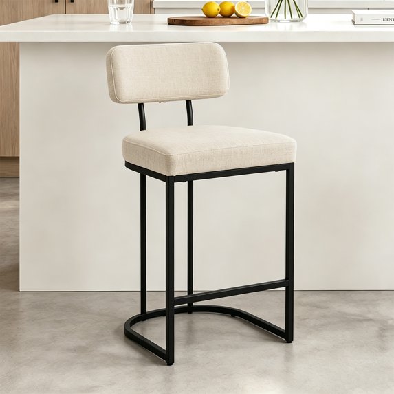 ClinQ Modern Bar Stool Set of 1, Upholstered Counter Height Bar Chair with Sturdy Metal Frame and Backrest for Kitchen Island, Linen