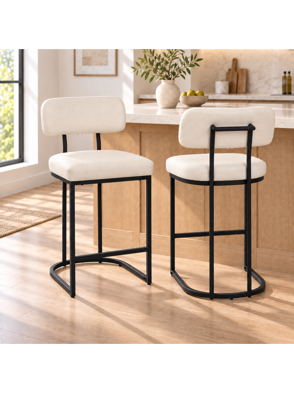 ClinQ Modern Bar Stools Set of 2, Upholstered Counter Height Bar Chairs with Sturdy Metal Frame and Backrest for Kitchen Island, Beige