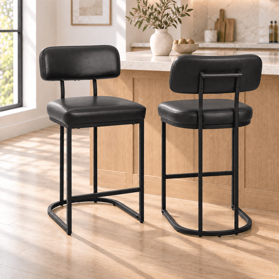 ClinQ Modern Bar Stools Set of 2, Upholstered Counter Height Bar Chairs with Sturdy Metal Frame and Backrest for Kitchen Island, Black