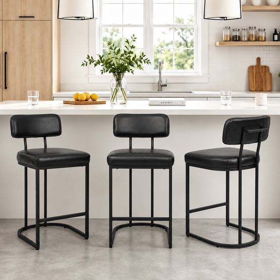 ClinQ Modern Bar Stools Set of 3, Upholstered Counter Height Bar Chairs with Sturdy Metal Frame and Backrest for Kitchen Island, Black
