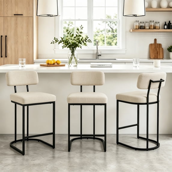 ClinQ Modern Bar Stools Set of 3, Upholstered Counter Height Bar Chairs with Sturdy Metal Frame and Backrest for Kitchen Island, Linen