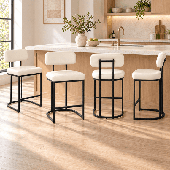 ClinQ Modern Bar Stools Set of 4, Upholstered Counter Height Bar Chairs with Sturdy Metal Frame and Backrest for Kitchen Island, Beige