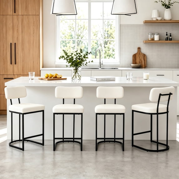 ClinQ Modern Bar Stools Set of 4, Upholstered Counter Height Bar Chairs with Sturdy Metal Frame and Backrest for Kitchen Island, Beige