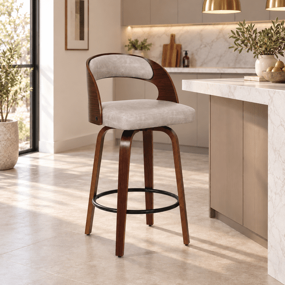 ClinQ Modern Walnut 360° Swivel Bar Stool Set of 1, Counter Height Kitchen Island Chair with Silver Footrest Ring,Upholstered Seat and Open Back, Lightgray