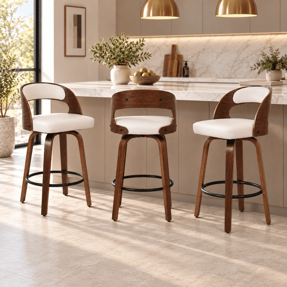 ClinQ Modern Walnut 360° Swivel Bar Stool Set of 3, Counter Height Kitchen Island Chair with Silver Footrest Ring,Upholstered Seat and Open Back, Beige