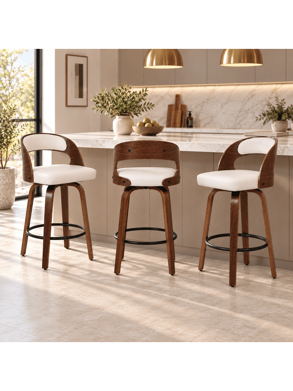 ClinQ Modern Walnut 360° Swivel Bar Stool Set of 3, Counter Height Kitchen Island Chair with Silver Footrest Ring,Upholstered Seat and Open Back, Beige