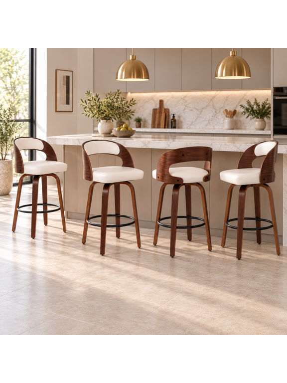 ClinQ Modern Walnut 360° Swivel Bar Stool Set of 4, Counter Height Kitchen Island Chair with Silver Footrest Ring,Upholstered Seat and Open Back, Beige