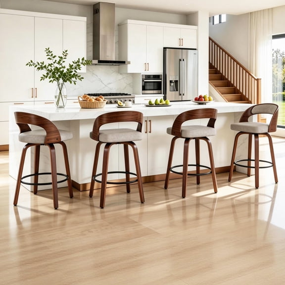 ClinQ Modern Walnut 360° Swivel Bar Stool Set of 4, Counter Height Kitchen Island Chair with Silver Footrest Ring,Upholstered Seat and Open Back, Lightgray