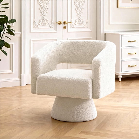 ClinQ Oversized Swivel Barrel Accent Chair Set of 1, 360 Degree Teddy Upholstered Round Chair for Living Room and Bedroom, White
