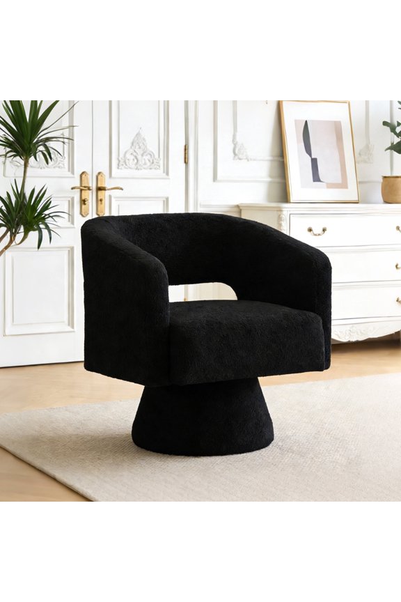 ClinQ Oversized Swivel Barrel Accent Chair Set of 1, 360 Degree Teddy Upholstered Round Chair for Living Room and Bedroom, Black