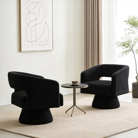 ClinQ Oversized Swivel Barrel Accent Chair Set of 2, 360 Degree Teddy Upholstered Round Chair for Living Room and Bedroom, Black